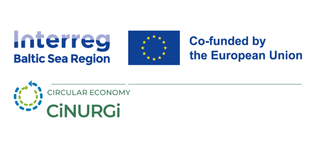Logos for Interreg Baltic Sea Region and EU funding, with CiNURGi Circular Economy branding and a small EU funding note in the corner, separated by a green line.
