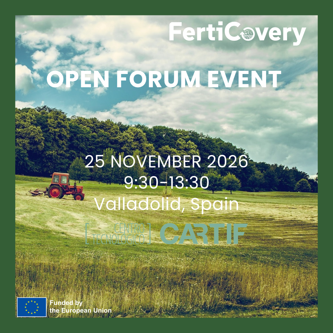 Poster for FertiCovery Open Forum Event in Valladolid, Spain on 25 November 2026; tractor in a field with sponsor logos.